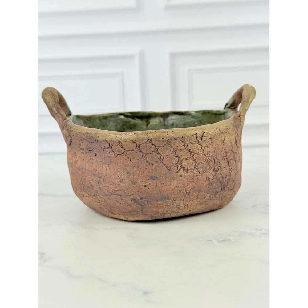 Handmade Studio Pottery Bowl with Handles and Scale Design - Signed!
